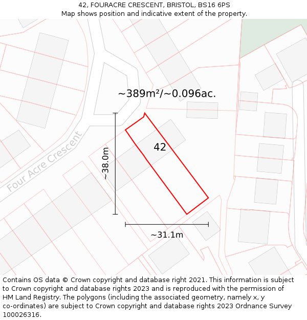 42, FOURACRE CRESCENT, BRISTOL, BS16 6PS: Plot and title map
