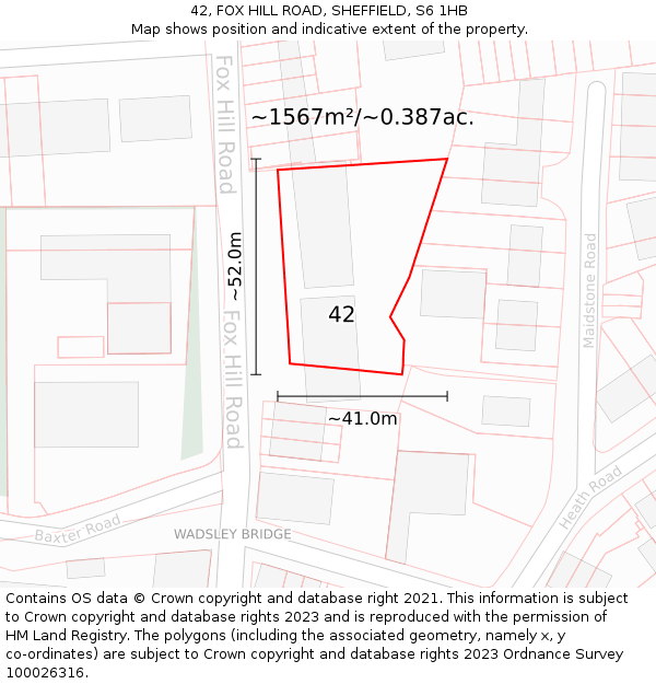 42, FOX HILL ROAD, SHEFFIELD, S6 1HB: Plot and title map