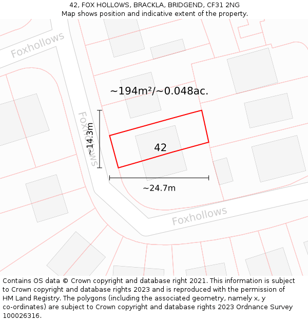 42, FOX HOLLOWS, BRACKLA, BRIDGEND, CF31 2NG: Plot and title map