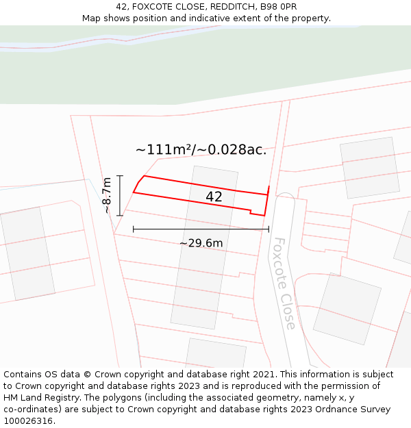 42, FOXCOTE CLOSE, REDDITCH, B98 0PR: Plot and title map