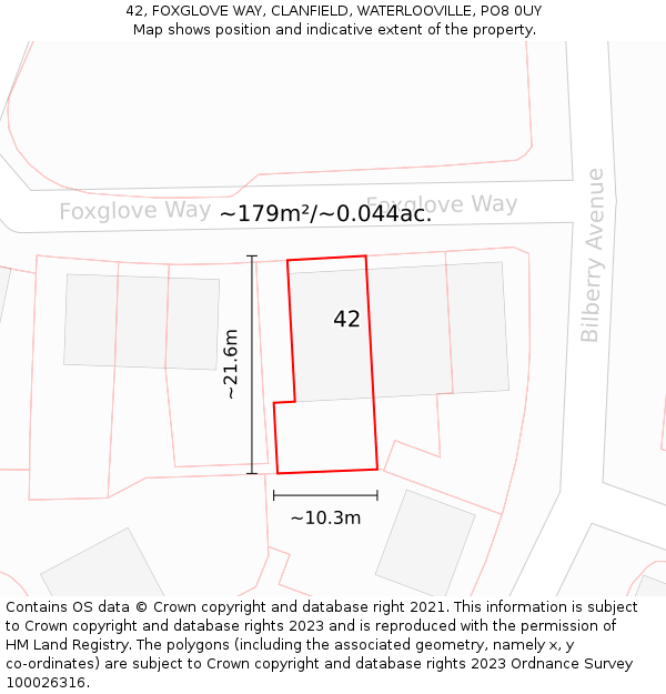 42, FOXGLOVE WAY, CLANFIELD, WATERLOOVILLE, PO8 0UY: Plot and title map