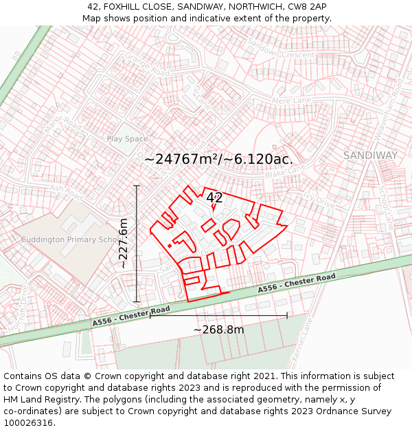 42, FOXHILL CLOSE, SANDIWAY, NORTHWICH, CW8 2AP: Plot and title map