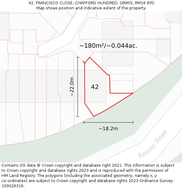 42, FRANCISCO CLOSE, CHAFFORD HUNDRED, GRAYS, RM16 6YD: Plot and title map