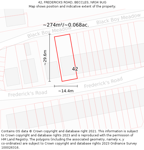 42, FREDERICKS ROAD, BECCLES, NR34 9UG: Plot and title map
