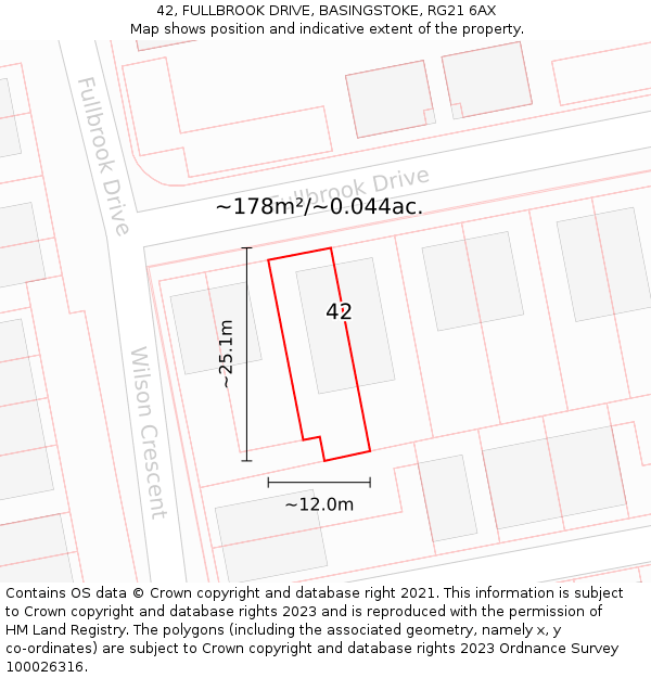 42, FULLBROOK DRIVE, BASINGSTOKE, RG21 6AX: Plot and title map