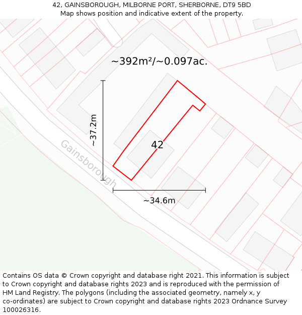 42, GAINSBOROUGH, MILBORNE PORT, SHERBORNE, DT9 5BD: Plot and title map