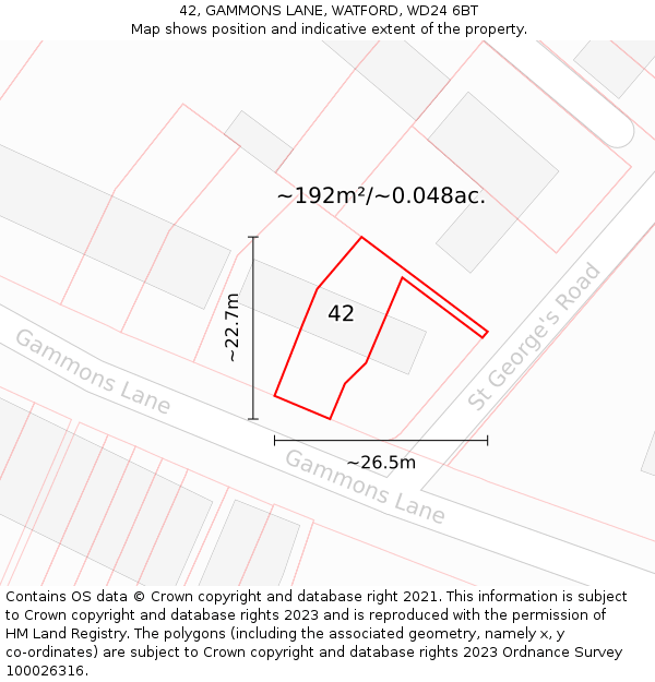 42, GAMMONS LANE, WATFORD, WD24 6BT: Plot and title map