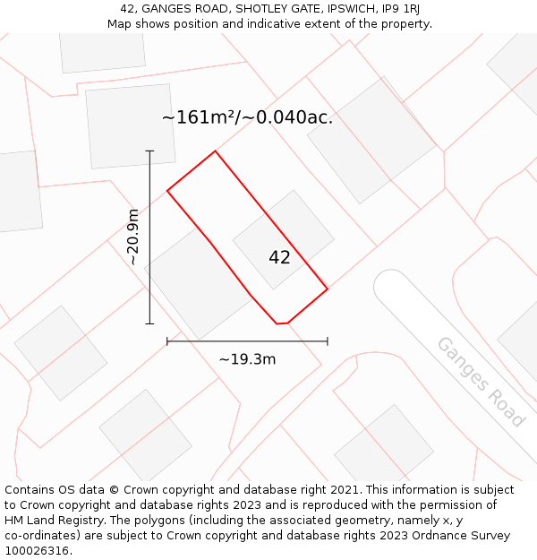 42, GANGES ROAD, SHOTLEY GATE, IPSWICH, IP9 1RJ: Plot and title map