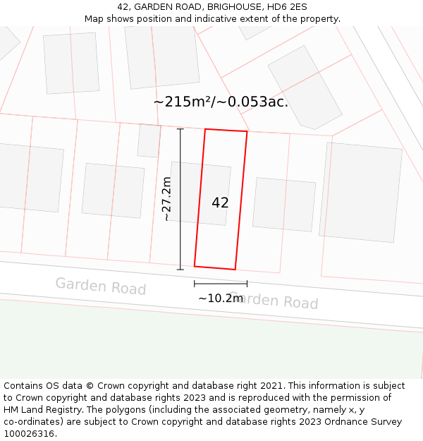 42, GARDEN ROAD, BRIGHOUSE, HD6 2ES: Plot and title map