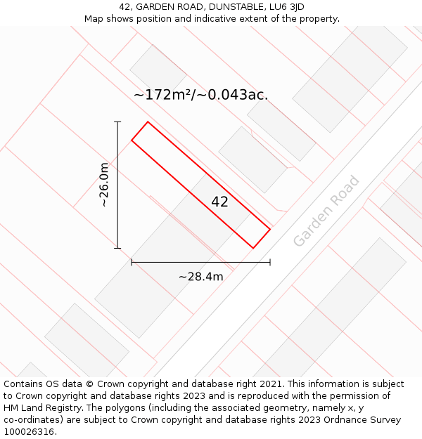 42, GARDEN ROAD, DUNSTABLE, LU6 3JD: Plot and title map