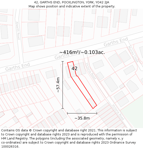 42, GARTHS END, POCKLINGTON, YORK, YO42 2JA: Plot and title map
