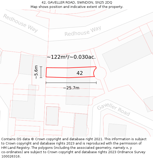 42, GAVELLER ROAD, SWINDON, SN25 2DQ: Plot and title map