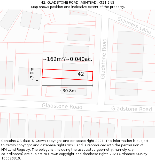 42, GLADSTONE ROAD, ASHTEAD, KT21 2NS: Plot and title map