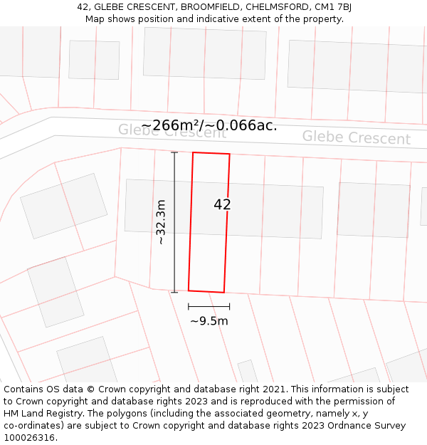42, GLEBE CRESCENT, BROOMFIELD, CHELMSFORD, CM1 7BJ: Plot and title map
