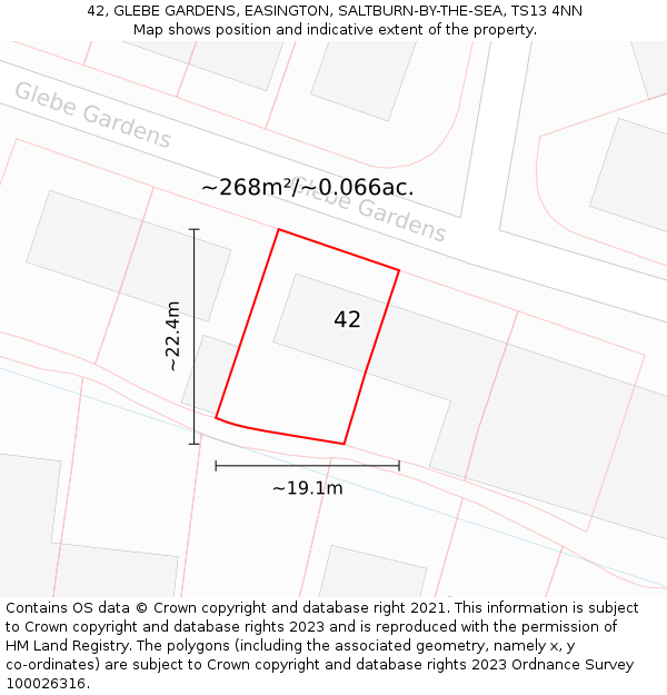 42, GLEBE GARDENS, EASINGTON, SALTBURN-BY-THE-SEA, TS13 4NN: Plot and title map