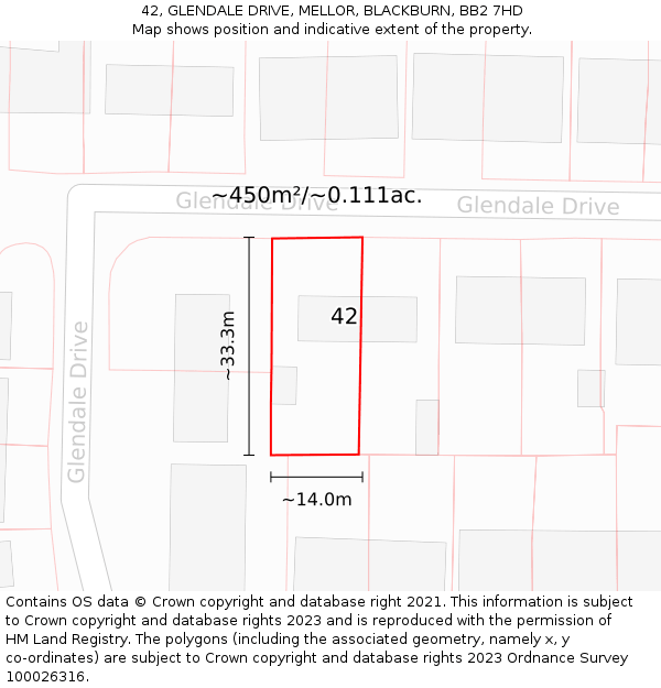 42, GLENDALE DRIVE, MELLOR, BLACKBURN, BB2 7HD: Plot and title map