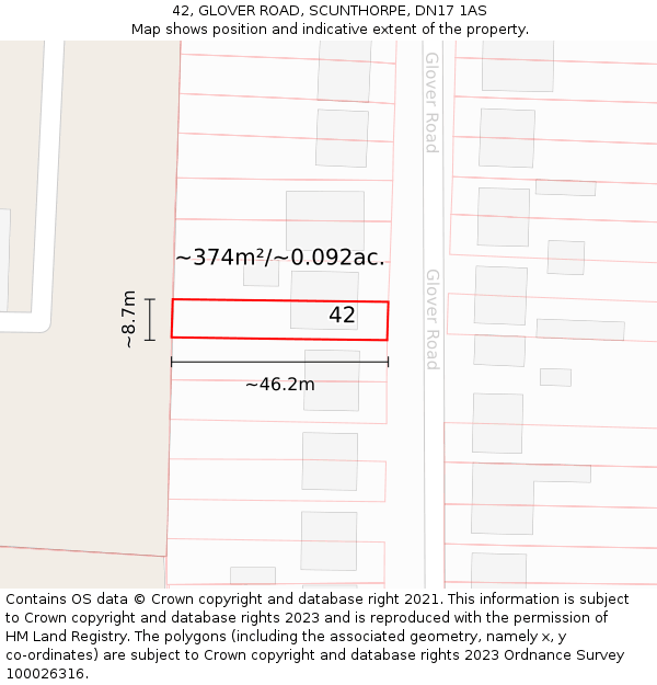 42, GLOVER ROAD, SCUNTHORPE, DN17 1AS: Plot and title map