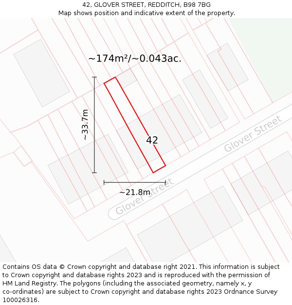 42, GLOVER STREET, REDDITCH, B98 7BG: Plot and title map