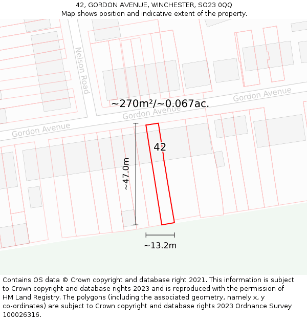 42, GORDON AVENUE, WINCHESTER, SO23 0QQ: Plot and title map