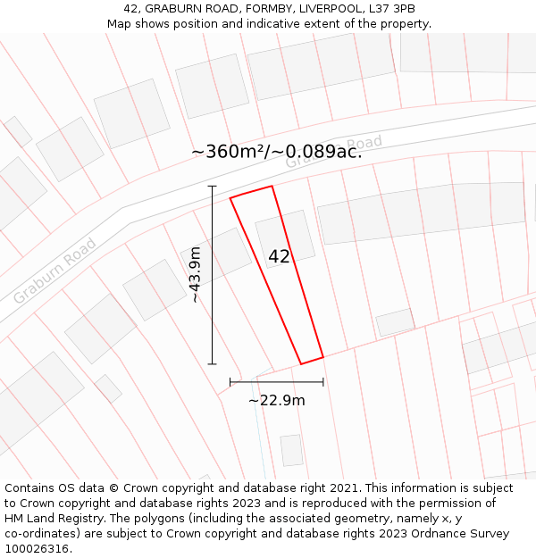 42, GRABURN ROAD, FORMBY, LIVERPOOL, L37 3PB: Plot and title map