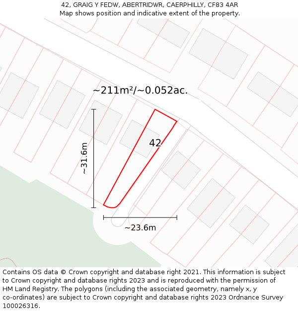 42, GRAIG Y FEDW, ABERTRIDWR, CAERPHILLY, CF83 4AR: Plot and title map