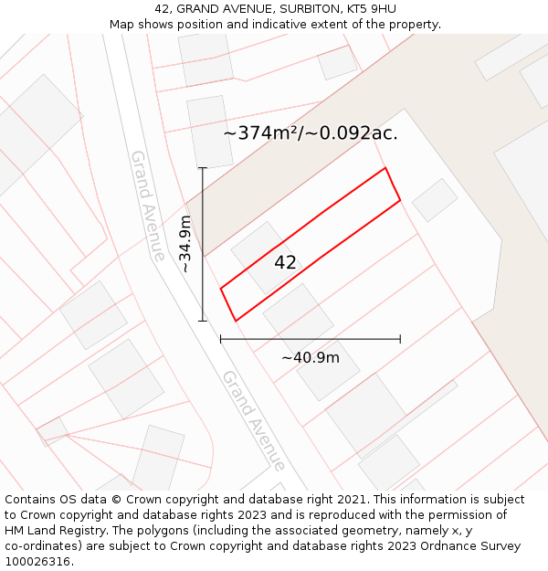 42, GRAND AVENUE, SURBITON, KT5 9HU: Plot and title map