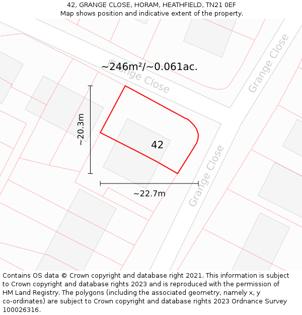 42, GRANGE CLOSE, HORAM, HEATHFIELD, TN21 0EF: Plot and title map