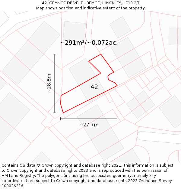 42, GRANGE DRIVE, BURBAGE, HINCKLEY, LE10 2JT: Plot and title map
