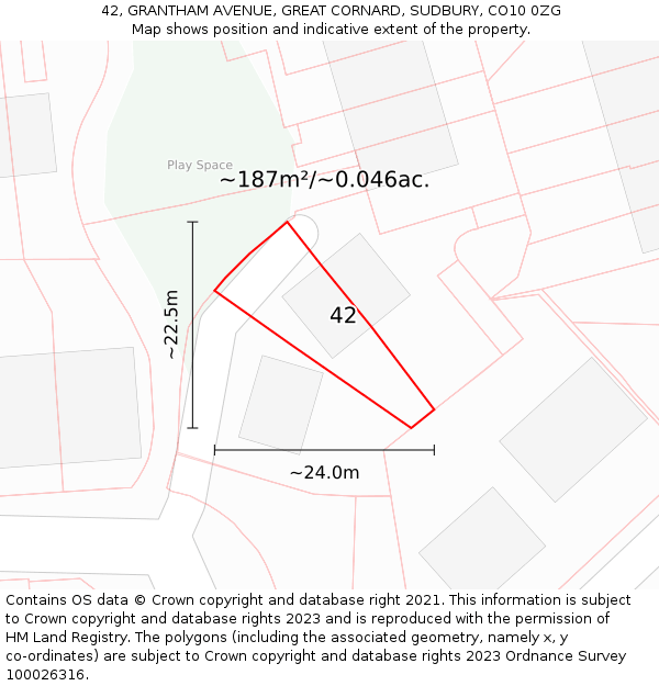 42, GRANTHAM AVENUE, GREAT CORNARD, SUDBURY, CO10 0ZG: Plot and title map