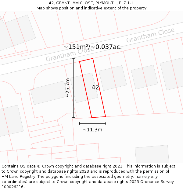 42, GRANTHAM CLOSE, PLYMOUTH, PL7 1UL: Plot and title map