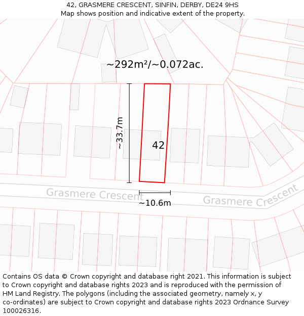 42, GRASMERE CRESCENT, SINFIN, DERBY, DE24 9HS: Plot and title map