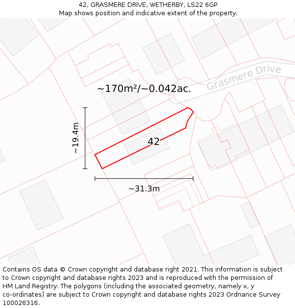 42, GRASMERE DRIVE, WETHERBY, LS22 6GP: Plot and title map