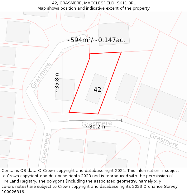 42, GRASMERE, MACCLESFIELD, SK11 8PL: Plot and title map