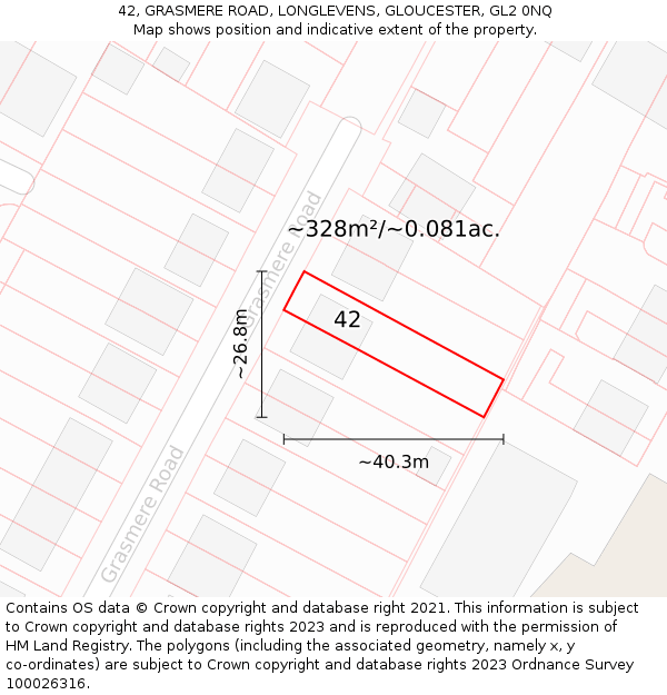 42, GRASMERE ROAD, LONGLEVENS, GLOUCESTER, GL2 0NQ: Plot and title map