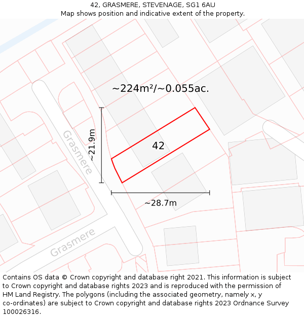 42, GRASMERE, STEVENAGE, SG1 6AU: Plot and title map