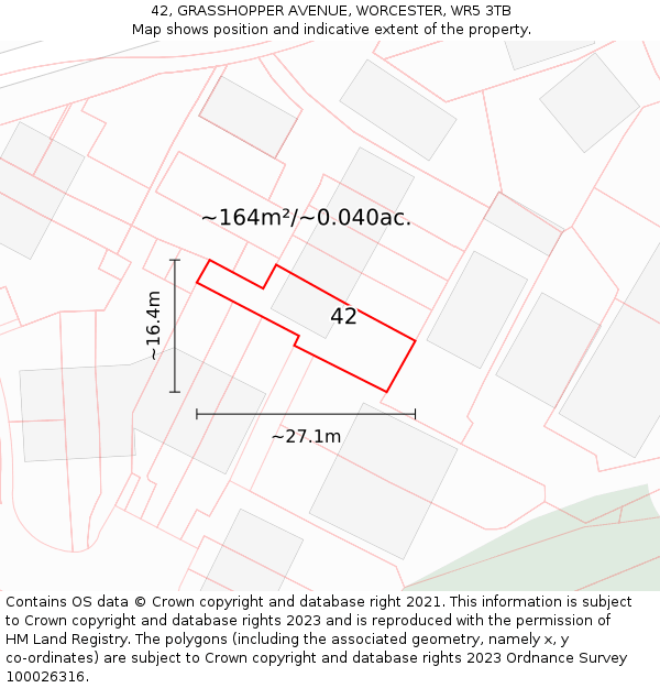 42, GRASSHOPPER AVENUE, WORCESTER, WR5 3TB: Plot and title map