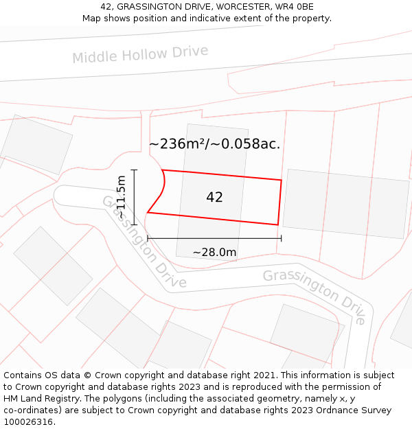 42, GRASSINGTON DRIVE, WORCESTER, WR4 0BE: Plot and title map
