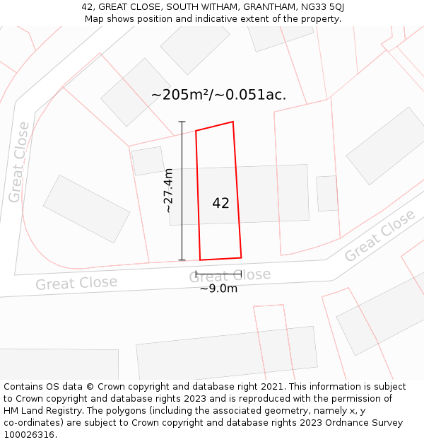 42, GREAT CLOSE, SOUTH WITHAM, GRANTHAM, NG33 5QJ: Plot and title map
