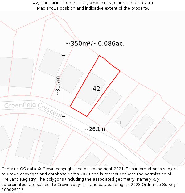 42, GREENFIELD CRESCENT, WAVERTON, CHESTER, CH3 7NH: Plot and title map
