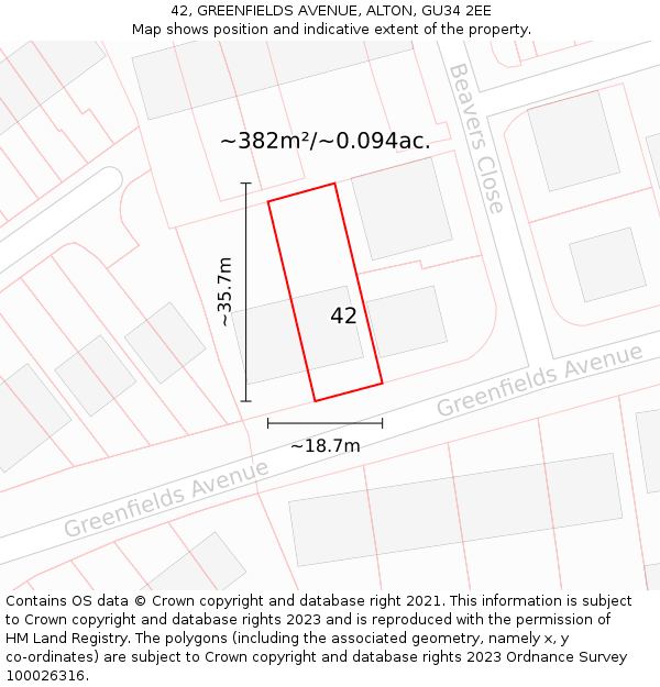 42, GREENFIELDS AVENUE, ALTON, GU34 2EE: Plot and title map