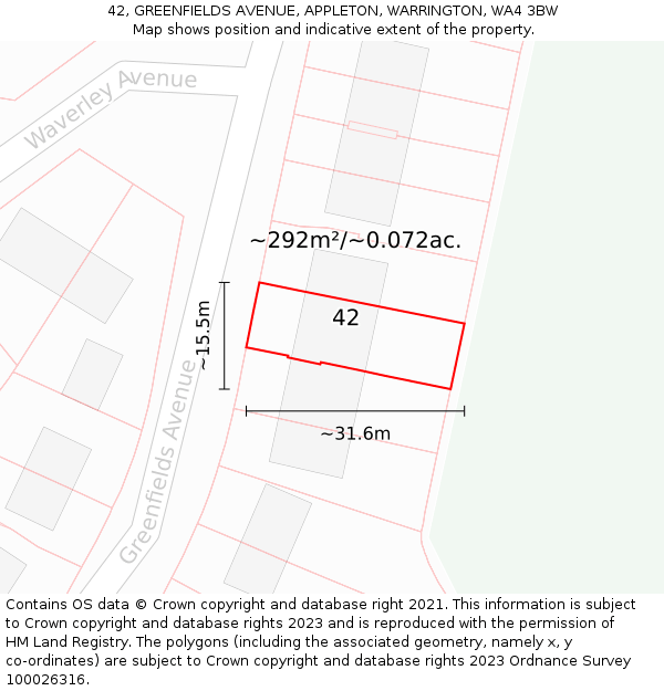 42, GREENFIELDS AVENUE, APPLETON, WARRINGTON, WA4 3BW: Plot and title map