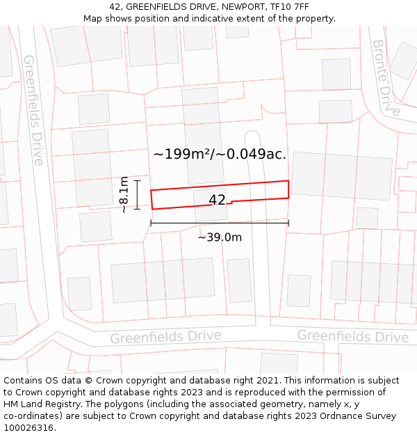 42, GREENFIELDS DRIVE, NEWPORT, TF10 7FF: Plot and title map
