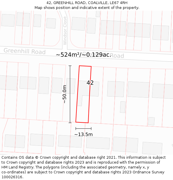 42, GREENHILL ROAD, COALVILLE, LE67 4RH: Plot and title map