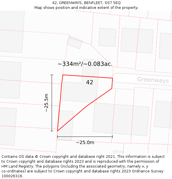 42, GREENWAYS, BENFLEET, SS7 5EQ: Plot and title map