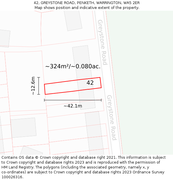 42, GREYSTONE ROAD, PENKETH, WARRINGTON, WA5 2ER: Plot and title map