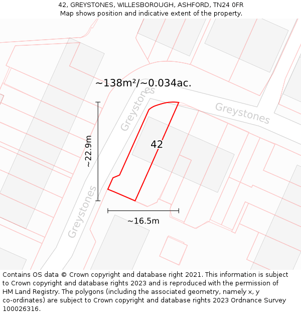 42, GREYSTONES, WILLESBOROUGH, ASHFORD, TN24 0FR: Plot and title map