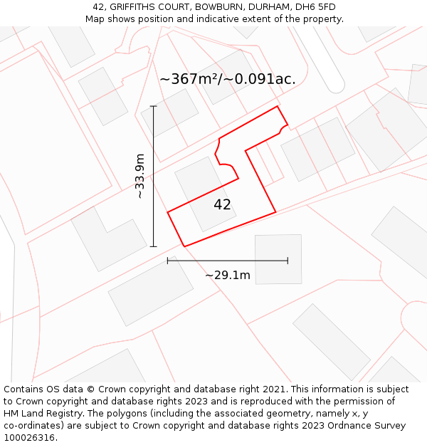 42, GRIFFITHS COURT, BOWBURN, DURHAM, DH6 5FD: Plot and title map