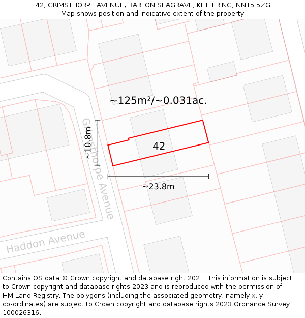 42, GRIMSTHORPE AVENUE, BARTON SEAGRAVE, KETTERING, NN15 5ZG: Plot and title map