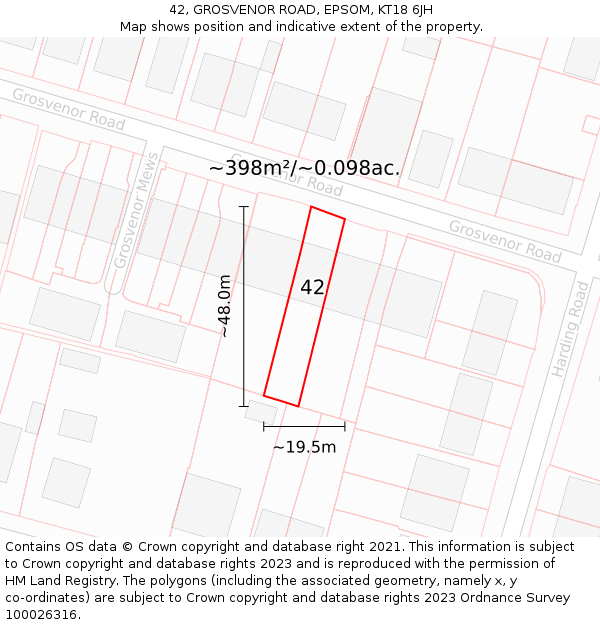 42, GROSVENOR ROAD, EPSOM, KT18 6JH: Plot and title map