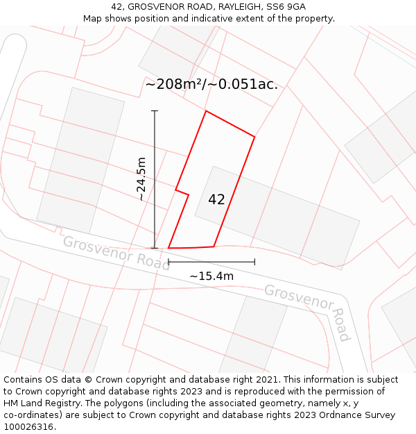 42, GROSVENOR ROAD, RAYLEIGH, SS6 9GA: Plot and title map